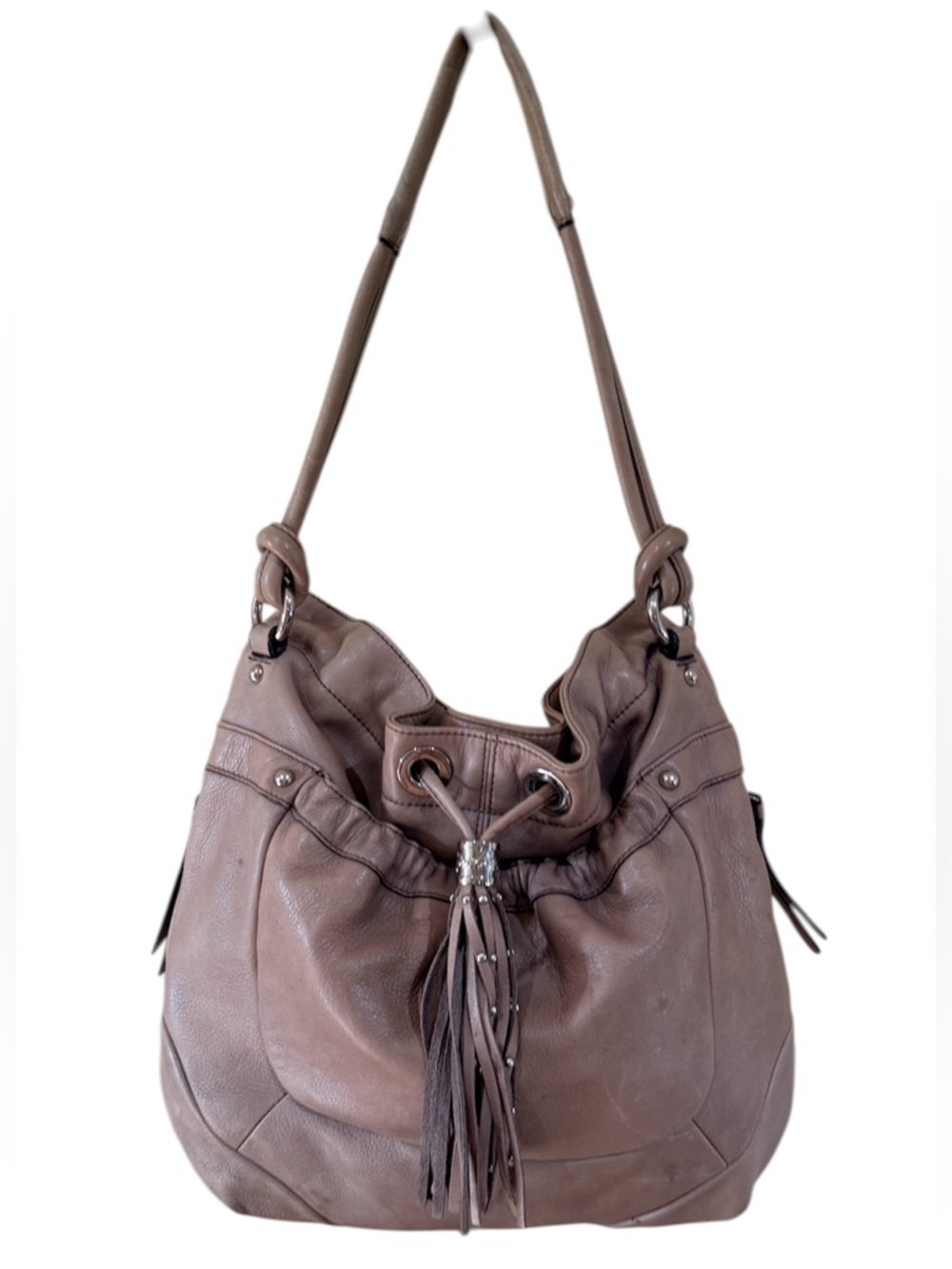 B. Makowsky soft Leather Drawstring Hobo Bag Tan Slouchy Shoulder Leopard Lining